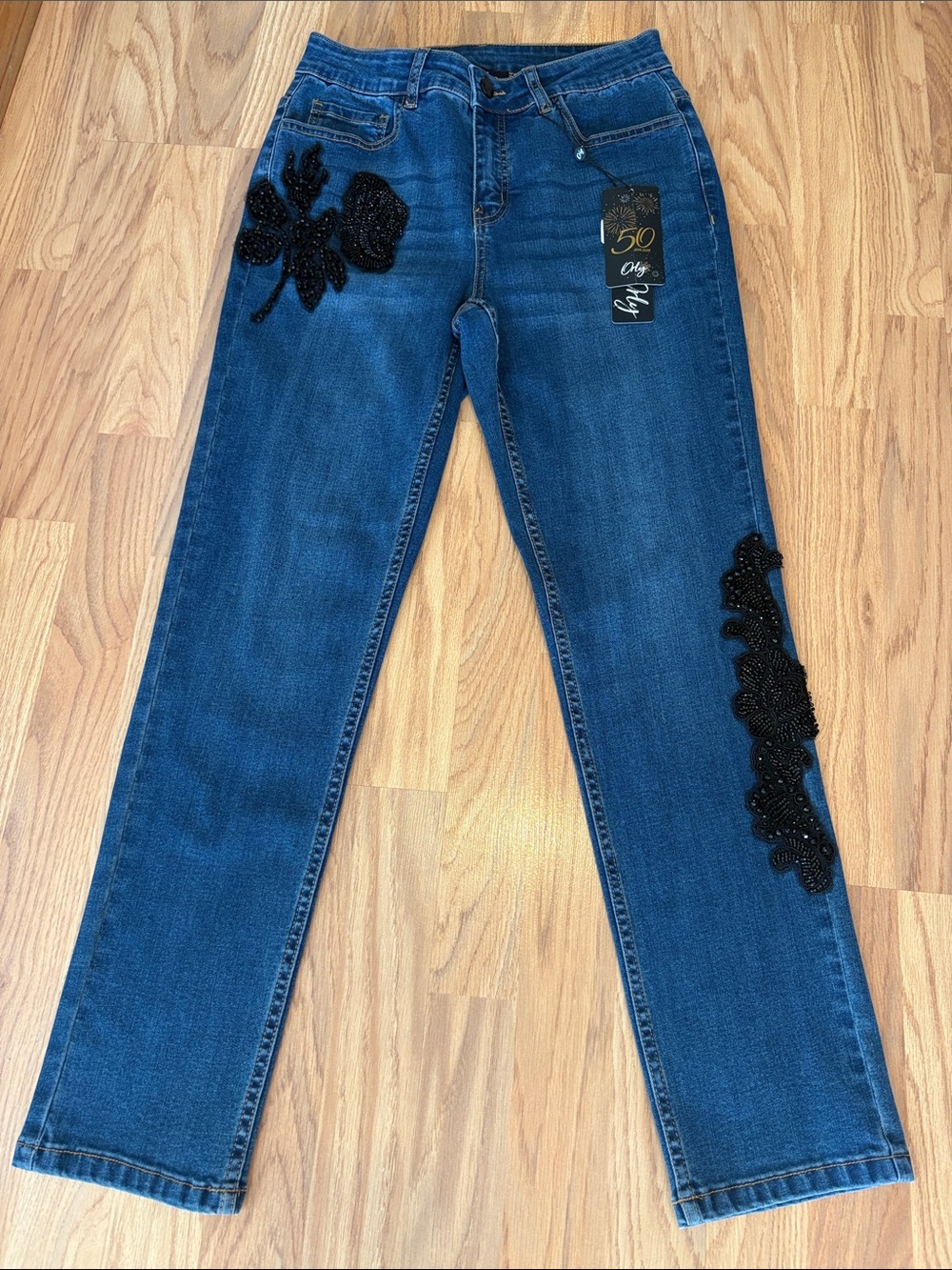 NWT ORLY  Dark Blue Straight-Leg Jeans with Black Beaded Floral Appliqué